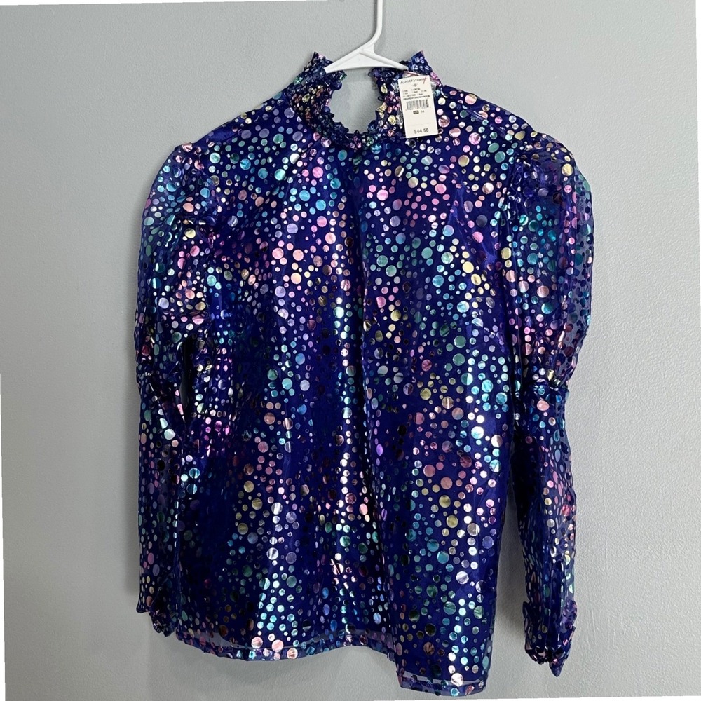 Ashley Stewart Purple Iridescent Polka Dot Mock Neck Puff‎ Sleeve Blouse Size 14